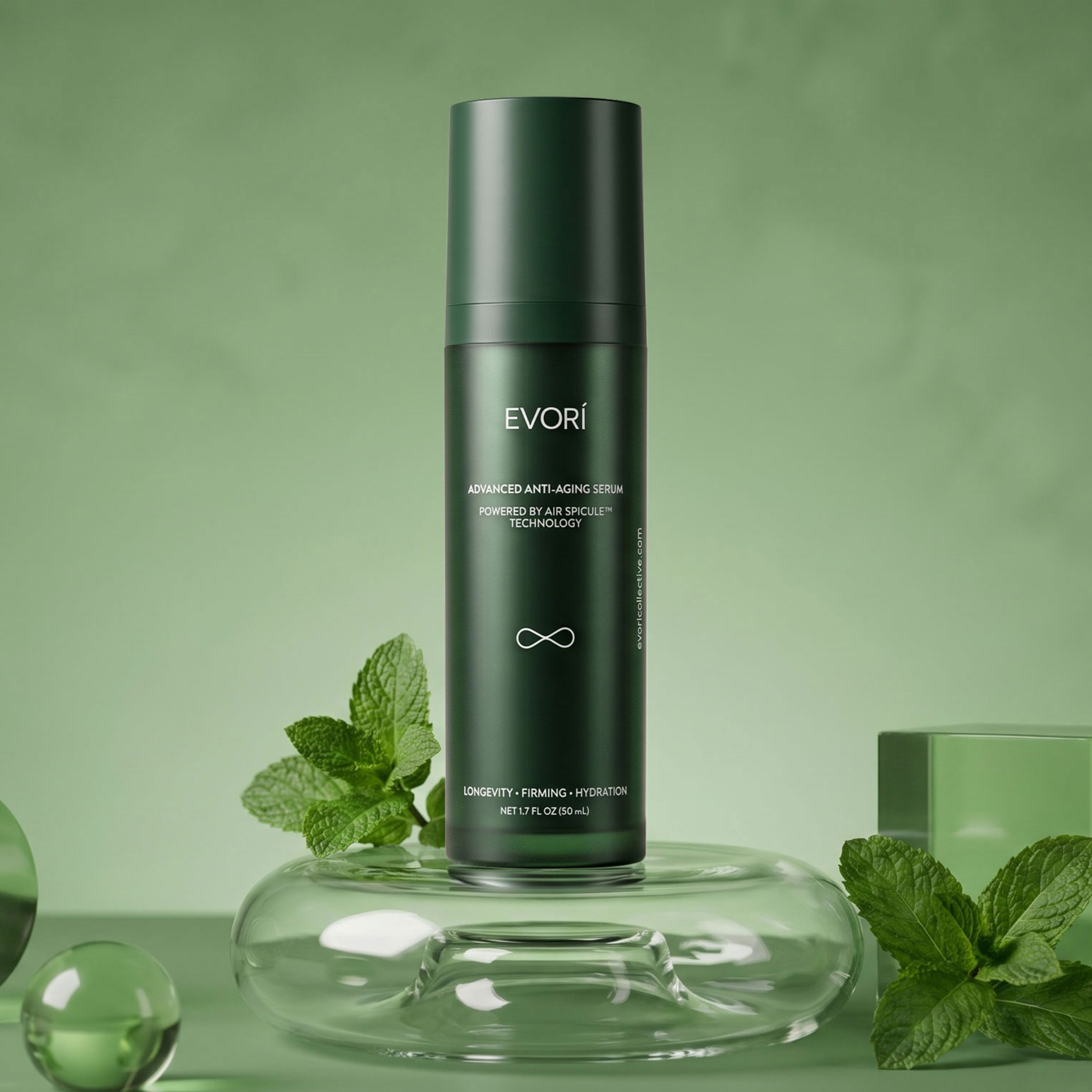 Hand cradling serum bottle in soft studio light